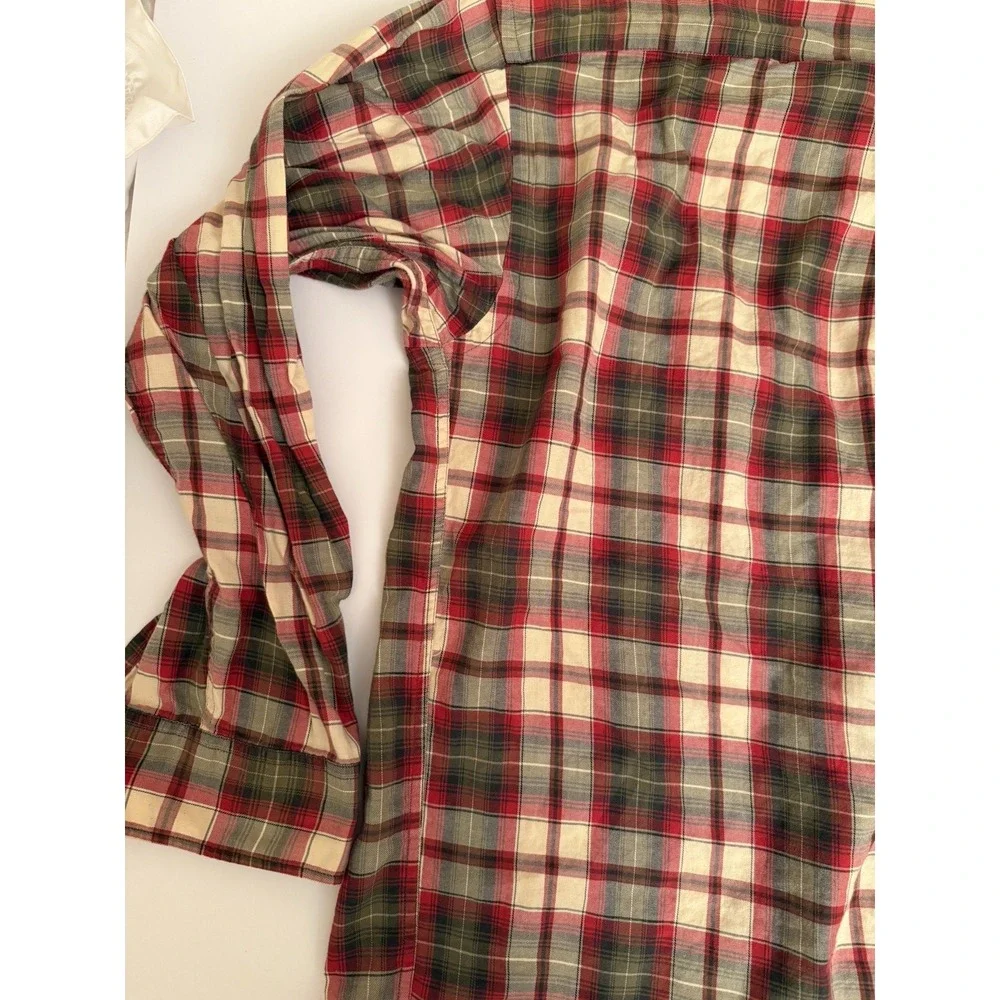 Banana Republic Men Large Shirt Plaid Button Down Cotton Red Green Beige Country